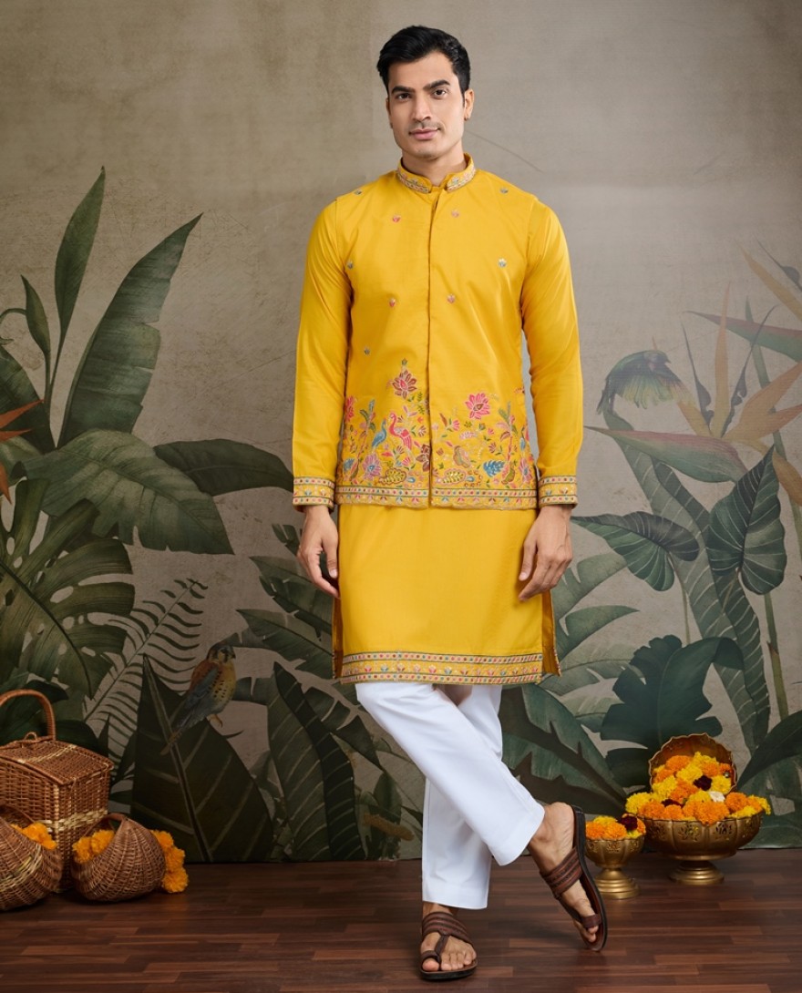 61233-yellow - Designer Yellow Cotton Kurta with Koti Jacket Online